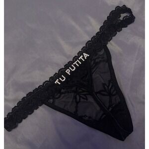 NEW Rhinestone Letters Adult Theme Racy Black Lace Thong, Medium